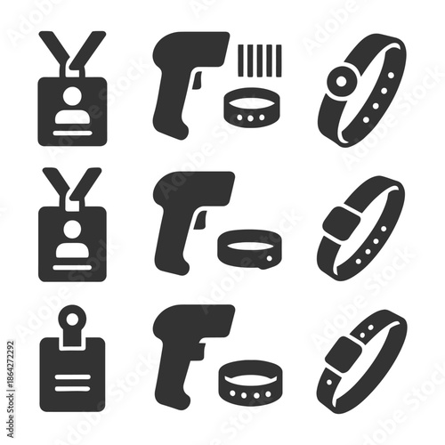 Icon set of id badges scanners wristbands for identification and access control.