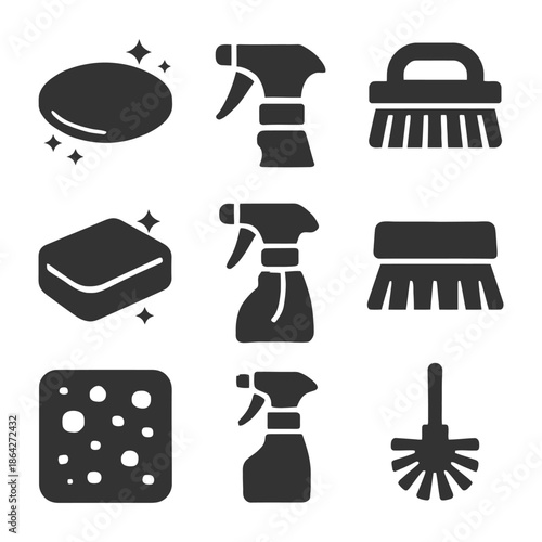 Cleaning tools icons set: spray bottles, brushes, soaps, sponges.