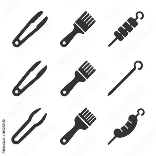 Barbecue grill tools: tongs, basting brush, skewers, sausages - black icons set.