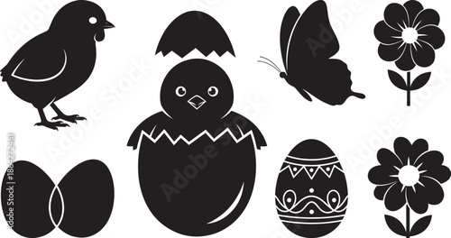 Easter icons including eggs chick butterfly and flowers in black silhouette on white background