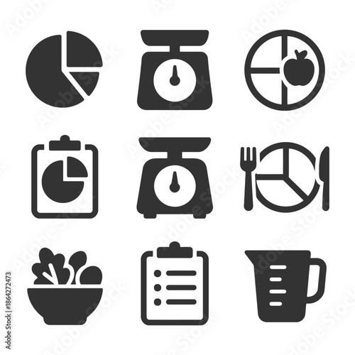Nutrition and diet icons: pie chart, weighing scale, meal plan, salad bowl, clipboard, measuring jug.