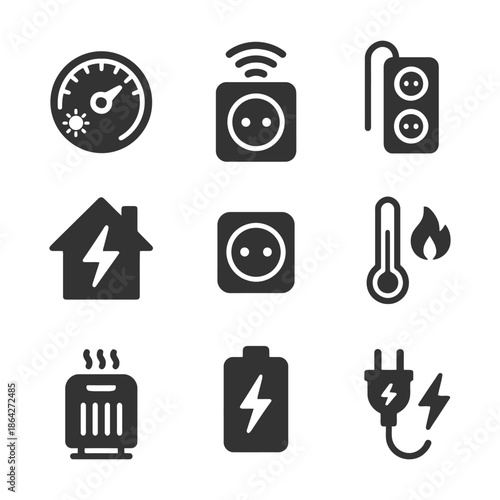 Energy and power icons: speedometer, smart device, thermometer, battery, plug.