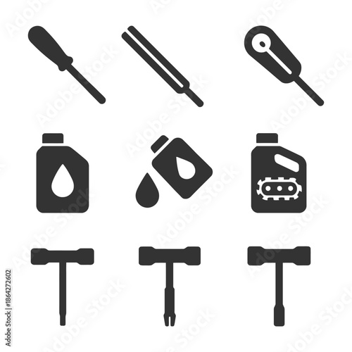 Tool and oil icon set: screwdrivers, oil containers, hammers.