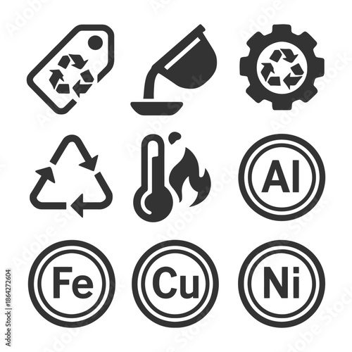 Recycling and metal symbols: aluminum, iron, copper, nickel, and temperature.