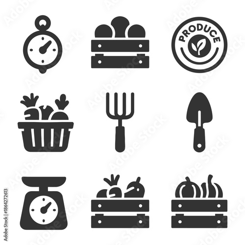 Farm tools and produce icons set with baskets and crates.