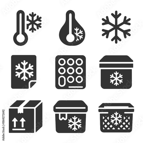 Winter icons: temperature, snowflake, and packaging symbols for cold weather products.