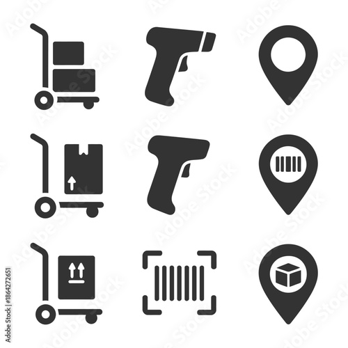 Barcode scanners and delivery icons: transportation, scanning, and location symbols.