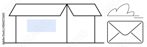 Logistics, delivery, communication, mail services, shipment, packaging. An open box next to an envelope with a cloud-thumbs up symbol. Logistics and delivery concept