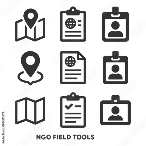 Icons representing location and identification tools for ngo use.