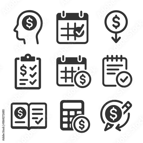 Financial planning icons: budget, calendar, calculator, checklist, dollar sign.