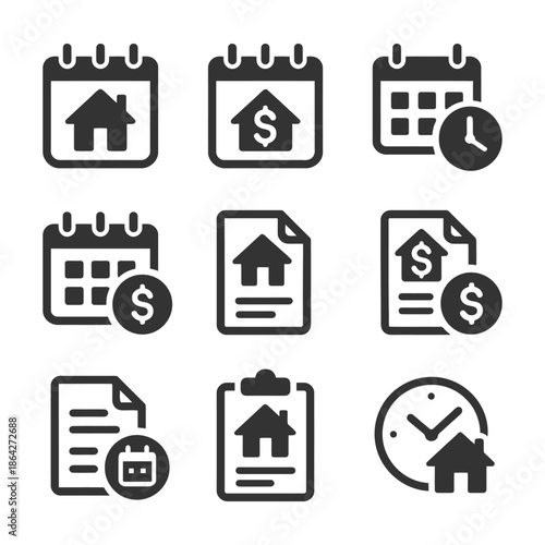 Home rental and payment deadline icons set with calendar and dollar symbols.