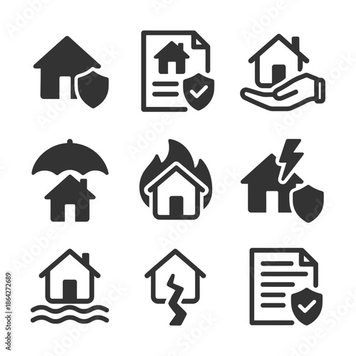 Set of black house insurance icons representing coverage and protection.