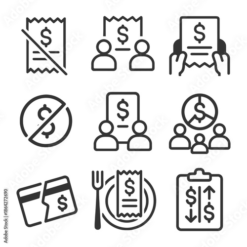 Finance icons: payment, receipt, debt, analysis, budget planning.