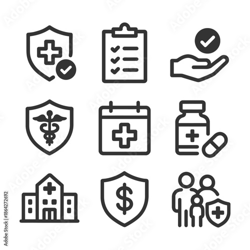 Healthcare icon set featuring medical shield, checklist, and family care symbols.
