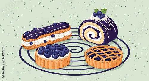 Assorted delicious pastries decorated with fresh blueberries including tarts, an eclair, and a roll cake on a green background.