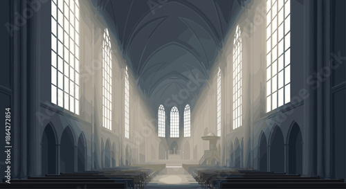 Dramatic interior view of a gothic cathedral with high vaulted ceilings and light rays streaming through large windows.