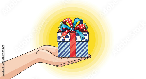 Human hand holding a beautifully wrapped gift box with a colorful bow against a bright yellow glowing background.