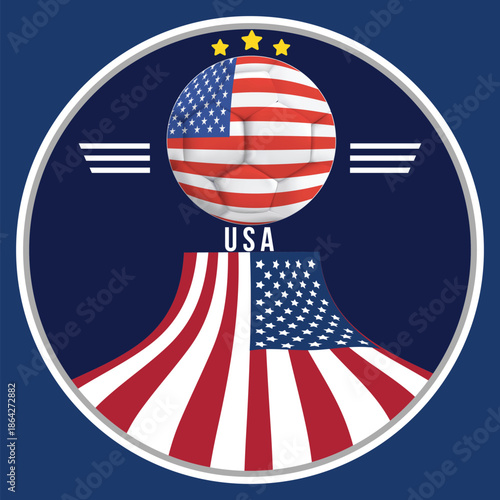 USA national soccer team emblem with american flag football and stars on blue background