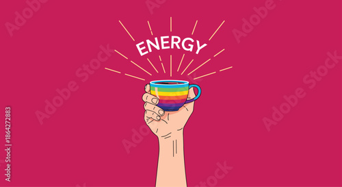 Person's hand raising a coffee mug with rainbow pride colors and the word energy written above it on a pink background.