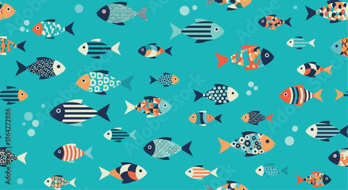 Seamless pattern featuring a variety of colorful stylized fish with different shapes and patterns on a teal background.