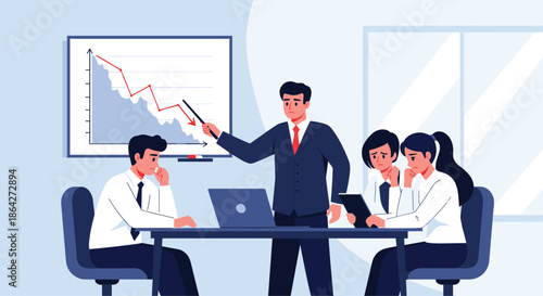Group of business people in an office looking disappointed and worried while looking at a chart showing a decrease.