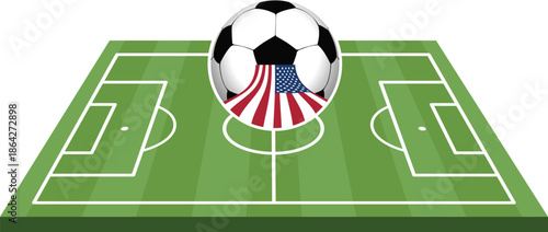 Soccer ball with USA flag ribbon on a green football field stadium background