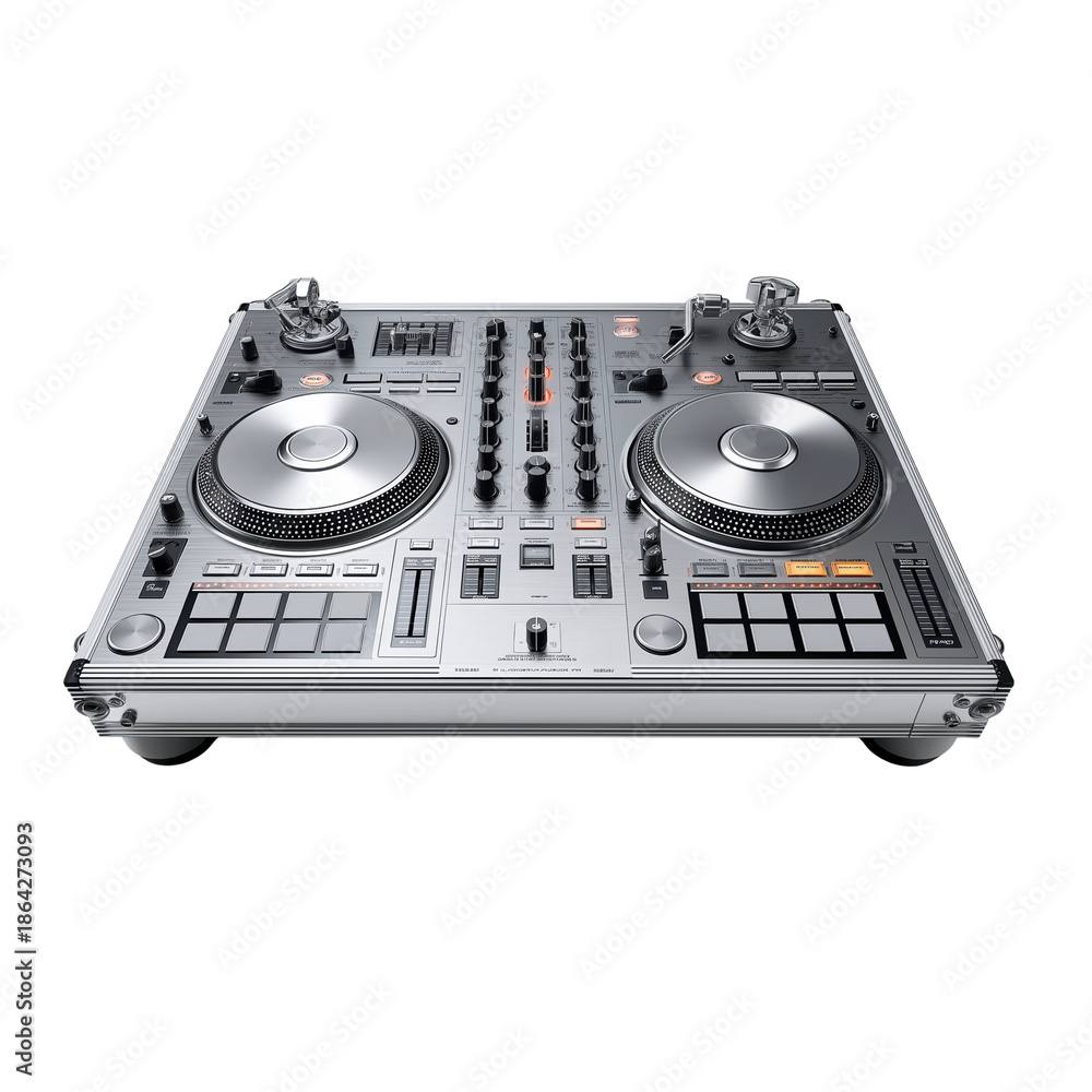 Fototapeta premium Silver DJ Mixer and Turntable System DJ equipment isolated on a transparent background
