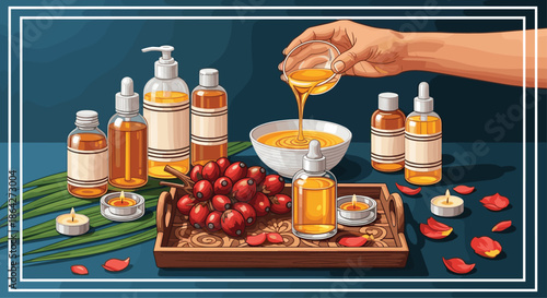Cosmetic products made from palm oil including bottles with droppers, fresh palm fruit, candles, and rose petals.