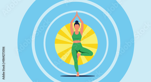 Fit woman in a green outfit performing a tree yoga pose against a bright yellow sun and concentric blue circles background.