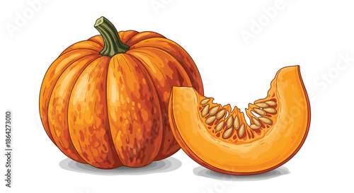 Large ripe organic orange pumpkin shown whole next to a fresh slice with visible seeds on a clean white background.