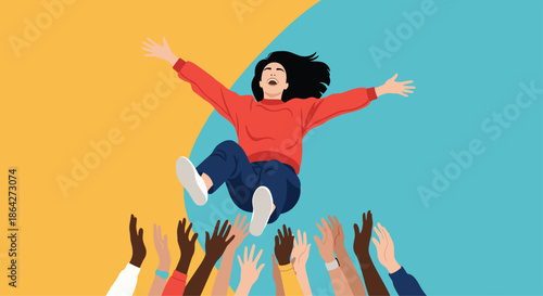 Happy young woman being tossed in the air by a group of diverse hands to celebrate success or a special event.