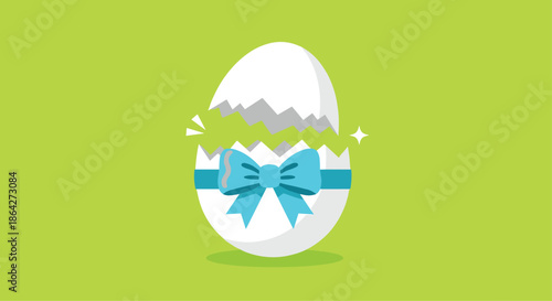White cracked egg tied with a blue ribbon and bow to symbolize Easter or a new beginning on a green background.