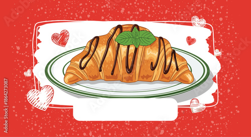 Freshly baked croissant drizzled with chocolate glaze and topped with mint leaves on a white plate with a red background.