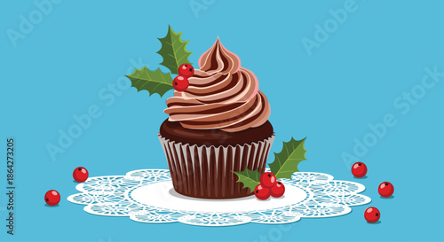 Festive chocolate cupcake topped with a swirl of chocolate cream and decorated with holly leaves and red berries.