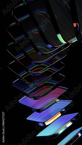 Abstract iridescent glass blocks on a black background, vertical orientation, 3d render