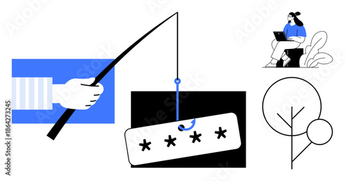 Cybersecurity concept. A phishing hook captures a password, online risks. Cybersecurity safeguards digital data and educates about secure handling. For tech, education, risk management, online