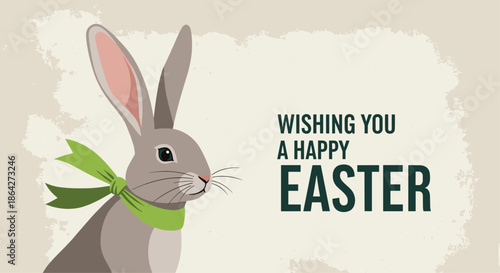 Adorable grey Easter bunny wearing a vibrant green bow tie alongside a seasonal greeting wishing everyone a happy holiday.