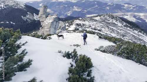 Girl with dog on Chornohora ridge of Ukrainian Carpathians in winter. Winter hike in mountains. Adventures in mountains.
