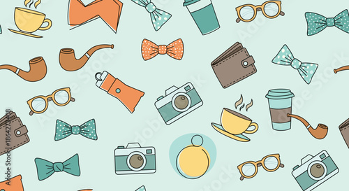 Fun seamless pattern showcasing various hipster icons like vintage cameras, coffee cups, bow ties, pipes, and thick glasses.