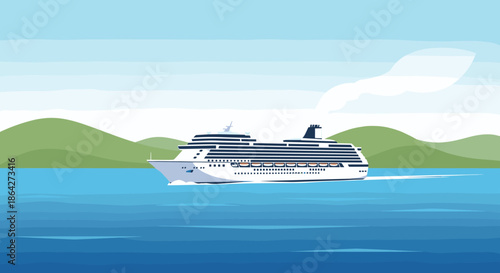 Majestic white cruise ship sailing across the deep blue ocean waters with soft green hills and a light sky in the background.