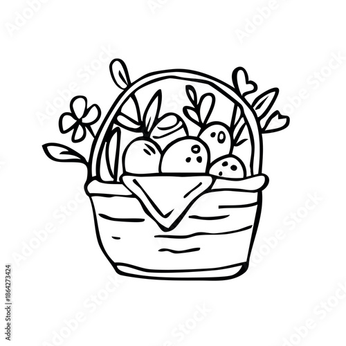 Outline sketch basket with easter eggs and flowers