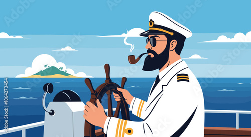 Experienced sea captain with a beard and pipe standing at the ship wheel while sailing past a small tropical island.