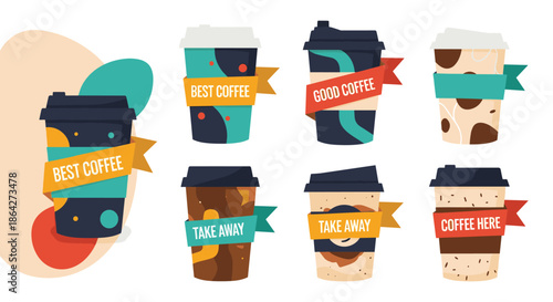 Collection of various takeaway coffee cup designs with colorful sleeves and labels like Best Coffee and Take Away.