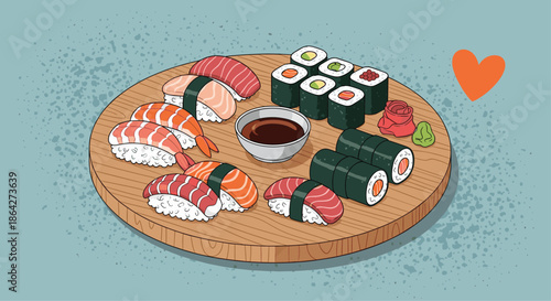 Large assortment of fresh sushi and rolls including nigiri, maki, and sashimi presented on a round wooden serving board.