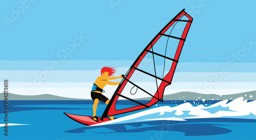 Adventurous windsurfer with red hair riding on waves across the ocean surface under a clear blue sky on a bright sunny day.