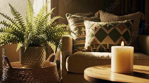Cozy Home Interior With Candle Light And Green Potted Fern Near Sofa In The Living Room