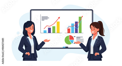 Professional businesswomen standing in front of a whiteboard while presenting financial data charts and growth graphs.