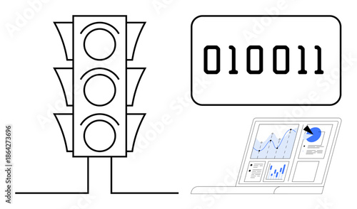 Data analytics, machine learning, smart technology, decision-making processes, automation management, traffic systems. ion of traffic light, binary code and dashboard. Data analytics and smart