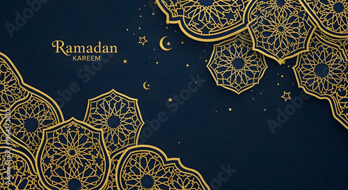 Ramadan Kareem celebration with golden intricate designs on dark blue background