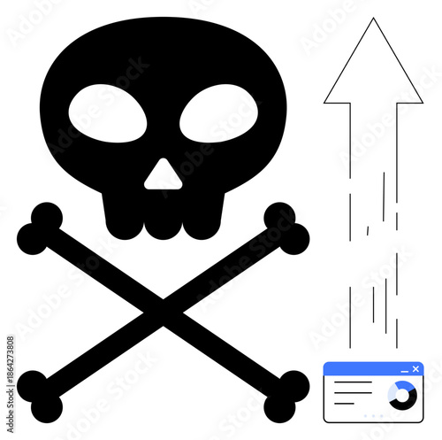 Cybersecurity, malware detection, data threats, hacking, online security, system breaches. Black skull and crossbones with an upward arrow and digital elements. Cybersecurity and malware detection